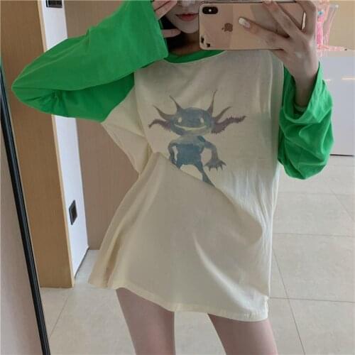 Y2K Retro Printed T-shirt Womens Mid Long Loose Fashion Green Long Sleeve Top 2021 Summer Autumn Streetwear