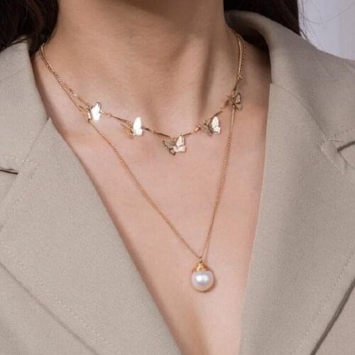 Hot Sale Gold Butterfly Necklace Long Two Multi-Layer Pearl Necklace Set New Pendant Pearl Necklace Jewelry For Woman
