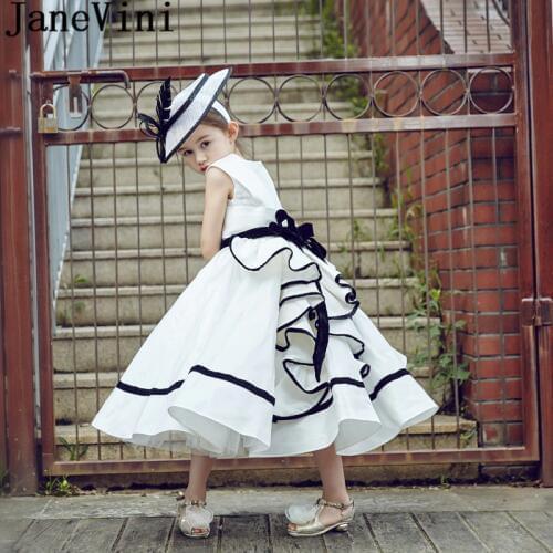 JaneVini Gothic White Black Flower Girl Dresses for Weddings Vintage Lace Gowns Pageant Dress Kids Girls Communion Dresses 2019