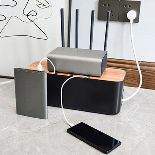 Cable Management Box ABS Wood Lid Wire Cable Organizer Box Power Stripe Surge Protector Covering Hiding