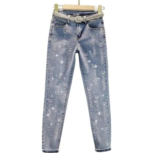 High Waist Feet Pencil Pants2021 Spring Autumn New Hot Rhinestone Blue Skinny Elasticity Jeans Women Trousers Cowboy Overalls