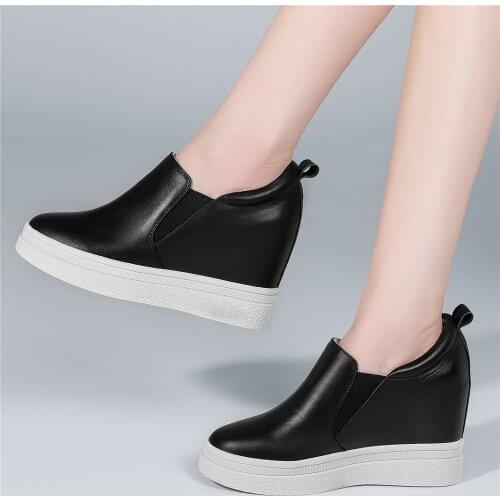 10cm High Heel Fashion Sneakers Women Genuine Leather Platform Wedges Ankle Boots Female Round Toe Oxfords Shoes Casual Shoes