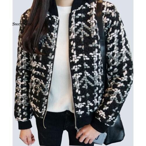 Blend Wool coat female Spring Short Bomber Jacket Basic Women Elegant Plaid Coats Spring Winter Casual Thick Outerwear