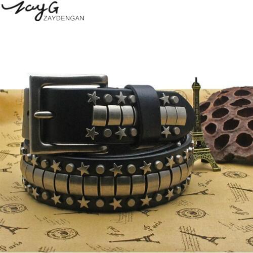 ZAYG Punk Pin Buckle Belt Hip Hop Personality Inlaid Metal Pentagram Rivet Men and Woman Belt Jeans Retro Style Waist Seal