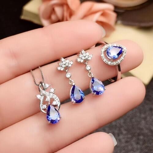100% Real and Natural Tanzanite jewelry set Natural Real Tanzanite 925 sterling silver 1pc pendant,1pc ring,2pcs Earring