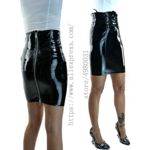 Office lady style slim latex skirt womens black tight latex bottoms with back zip decorations