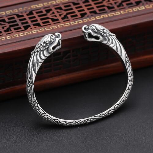 Wholesale S925 Sterling Silver Jewelry Retro Thai Silver Men Domineering Double Dragon Head Personalized Pop Open Ended Bangles