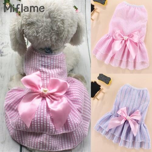 Miflame Stripe Small Dogs Dress Summer Dog Clothes Bowknot Pet Fancy Dress Pomeranian Spitz Costume Elegant Dog Princess Dress