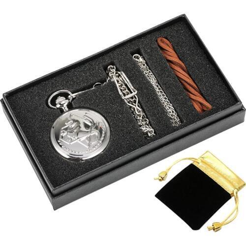 Full Metal Alchemist Pocket Watch Silver Quartz fob Watches Gift Set Rough Chain Pendant Clock full metal alchemist