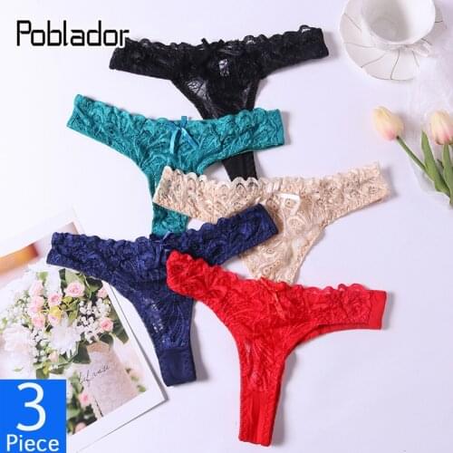 Poblador 3Pcs/lot Sexy Womens Lace Sport Panties Underwear Hollow Out Thongs Mid Rise Solid Soft Comfort Lady Lingerie G-String