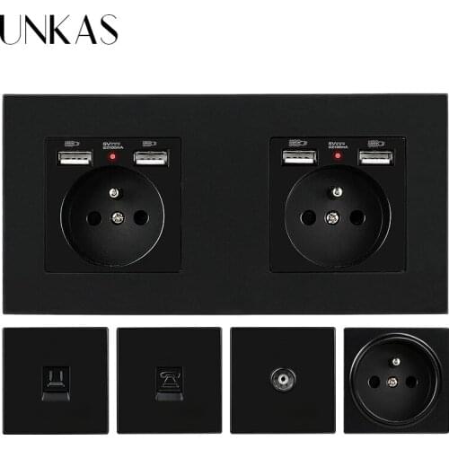 UNKAS EU / French Socket Dual USB Port + Female TV RJ45 Internet RJ11 Telephone 172*86mm Hidden Soft LED Black PC Plastic Panel