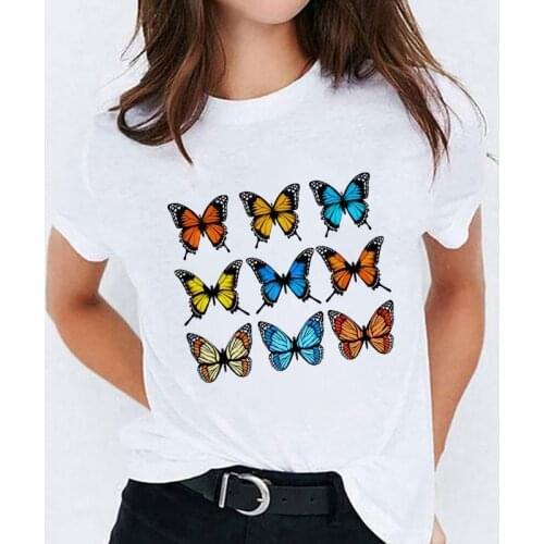 2021 Womens T-shirts Butterfly Graphic t shirt Fashion Top Female White Summer Short Sleeve Tee Shirt Femme Casual T-shirt