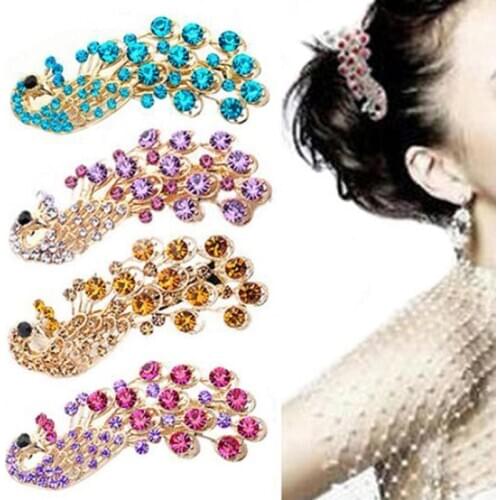 Lady Fashion Elegant Peacock Design Shiny Rhinestone Hairpin Hair Clip Barrette hair jewelry