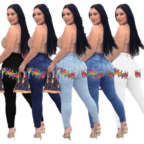 Women High Waist Jeans Woman Sexy Black Blue White Elastic Skinny Pencil Pants Female Plus Size Lace Up Hip Denim Trousers Girl