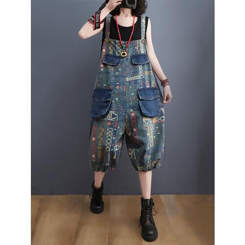 6529 Vintage Printing Jumpsuit Women Elegant Style Pockets Patchwork Loose Lantern Pants Harem Denim Rompers Overalls Playsuit