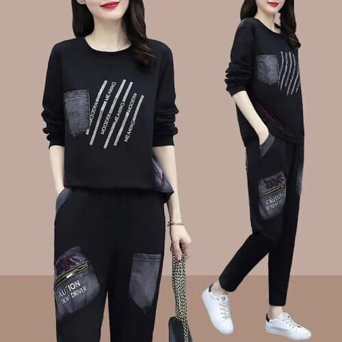 Single Piece/Set Plus Size Womens Loose Denim Two-Piece Sportswear Ladies 2PCS 2021 Autumn New Korean Casual Cowboy Suit Female