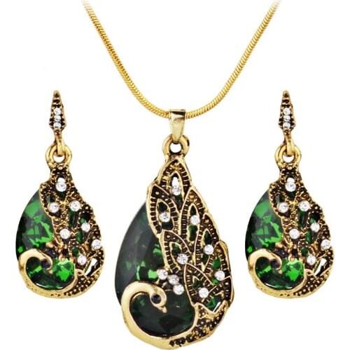 Women Bridal Jewelry Set Peacock Necklace Earrings For Women Engagement Romantic Style Water Drop Shape Austrian Crystal #3G