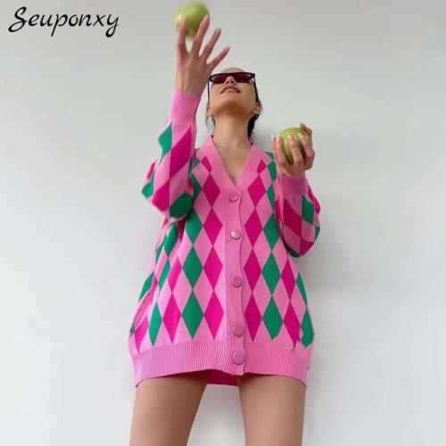 High Quality Spring 2021 WomenS Loose Knit Sweater Sexy V-Neck Lantern Sleeves Single-Breasted Diamond Lattice Casual Cardigan