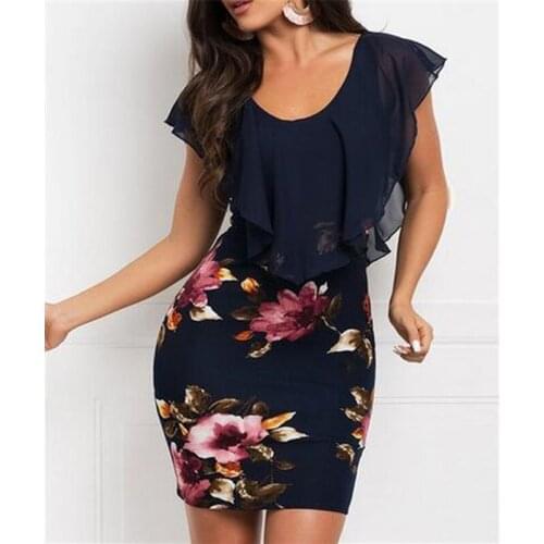 Women Summer Casual Print Mini Dresses 2019 New Summer Women Casual Ruffles Sleeve V-Neck Print Mini Pencil Dress