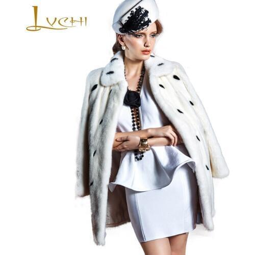 LVCHI 2019 New Real Mink Fur Coat Womens Long Sleeve Print Dot Pattern Coat Mandarin Collar Medium Slim Fashion Loss Mink Coats