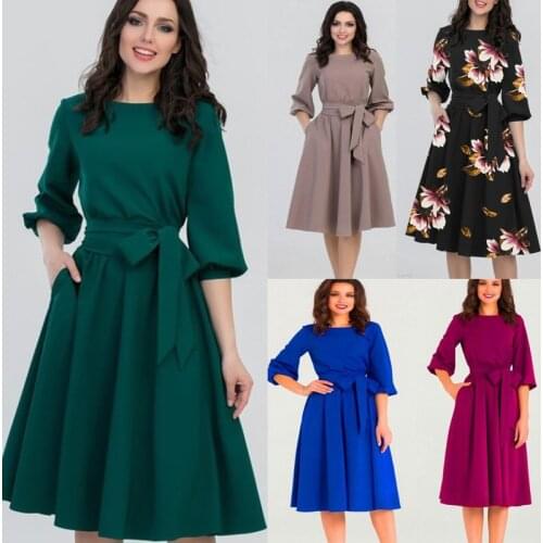 2021 Spring Vintage Solid Lantern Sleeve A-Line Dress Women Elegant O-Neck Half Sleeve Pocket Sashes Knee-Length Casual Dress