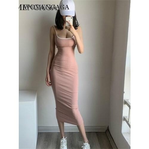 WOMENGAGA Winter Base Solid Color Tight Elastic Stitching Low Chest Sexy Holiday Slim Hip Show Thin Long Pencil Dresses Dress 4W