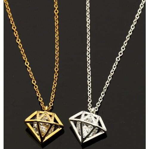 2 Color CZ Zircon Geometric Rhombic Pendant Long Necklace Gold Color Chain Copper Women Jewelry BFF Statement Necklace
