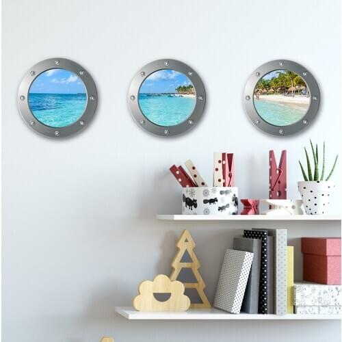 3 Pcs 3D Submarine Window Beach and Sea View Wall Stickers Decor Sticker Living Room Home Decoration Accessories