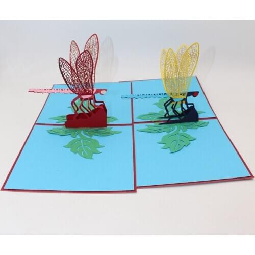 3D Laser Cut Handmade Red Yellow Wing Dragonfly Paper Invitation Greeting Cards PostCard Wedding Birthday Party Student Gift
