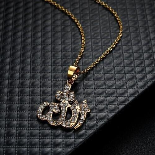 Arabic Muslim Womens Gold Rhinestone Islamic God Allah Pendant Necklace Jewelry