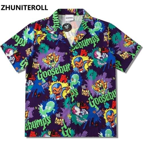 2021 Cartoon Punk Print Hawaiian Beach Shirts Hip Hop Button Shirt Mens Fashion Short Sleeve Techwear Holiday Party Blouse Tops