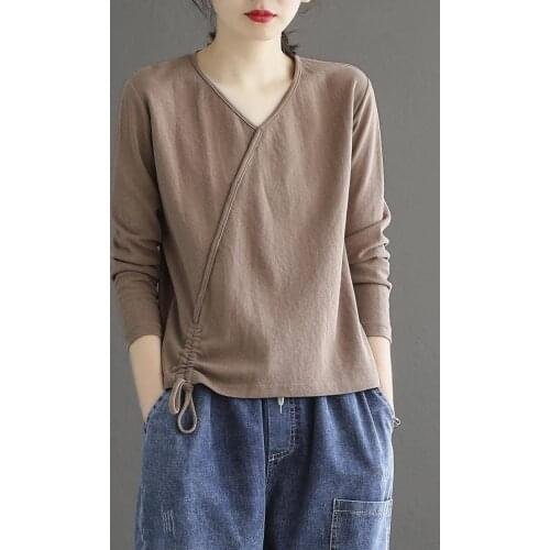 Cotton Solid Color V-neck T-shirt Ladies Summer New Style Hem Drawstring Loose Casual Long-sleeved Retro Shirt