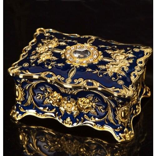 European Rectangle Shape Embossed Gold Plating with Blue Hand Painted and Jeweled Trinket Storage Metal Jewelry Box Small Size
