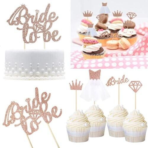 Sweet Rose Gold Bride To Be Diamond Wedding Dress Cupcake Cake Toppers Bridal Shower Wedding Bachelorette Party Cake DIY Decor