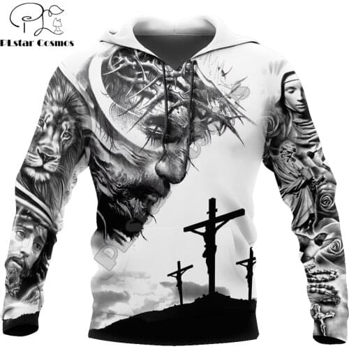 Lion and Jesus Tattoo 3D All Over Printed Mens Autumn Hoodie Sweatshirt Unisex Streetwear Casual Zip Jacket Pullover KJ638