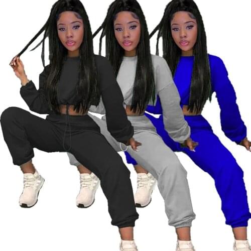 Solid Autumn Casual Women Two Piece Set Joggers Set O-neck Sweater Crop Top+ Pants Women Tracksuit Sportwear Winter Outfits