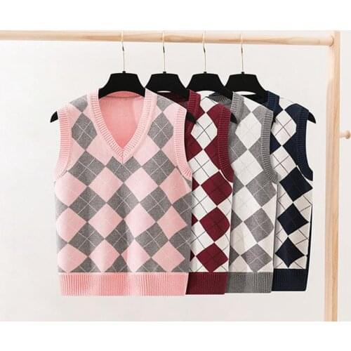 Autumn 2021 Sweater Vest Pullover Girls Boy V Neck Sleeveless Streetwear Knitted Geometric Rhombic 4 Color Sweater Tops Clothing