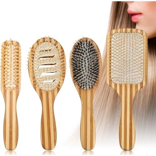 Portable Natural Bamboo Hair Care Prevent Hair Loss Anti-Static Paddle Handle Massage Hair Brushs Cushion Comb Modeling Tools