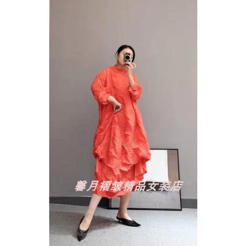 HOT SELLING Miyake fashion fold Diamond pleats solid color stand collar loose long bud dress IN STOCK