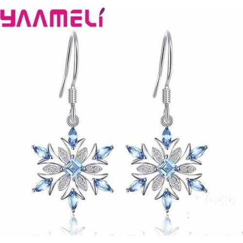 Luxury Blue Crystal Snowflake 925 Sterling Silver Pendant Hook Earrings AAA Cubic Zirconia Fashion Women Jewelry Bijoux