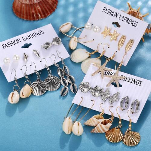 Boho Ocean Beach Real Cowrie Conch Shell Drop Earrings Set Fashion Geometric Statement Earrings for Women Pendientes Brincos