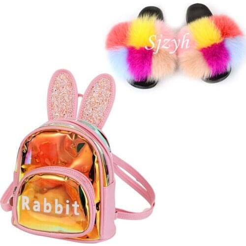 Childrens Real Fox Fur Slides Kids Backpack Toddler School Bags Shoes Sets Girls Luxury Fluffy Fur Slippers Baby Plush Sandals