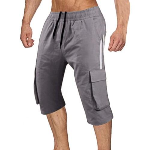 Capri Pants Mens Sportswear Jogger Bodybuilding Shorts Color Block Multi Pockets Men Mid Rise Drawstring Shorts for Fitness