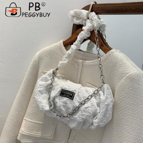 Versatile Retro Soft Bag Shopping Bag Chain Foldable Canvas Fashion Women Pleated Embossing Cloth Crossbody Bag