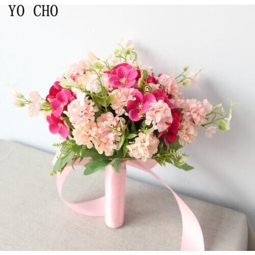 YO CHO Bride Wedding Bouquet Flower Pink Artificial Flower Bouquet Silk Rose Fortune Ball Begonia Wedding Bouquets Bridesmaid