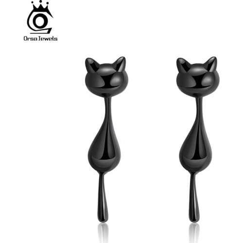 ORSA JEWELS Real 925 Sterling Silver Stud Earrings Lovely Cat Animal Long Earring White Enamel Women Jewelry Party Gift OSE90
