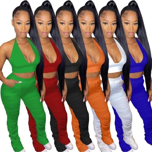 Stacked Pants 2 Piece Club Outfits Sexy Halter Backless Crop Top and Long Pants with Pockets Women Summer Two Pieces Outfits