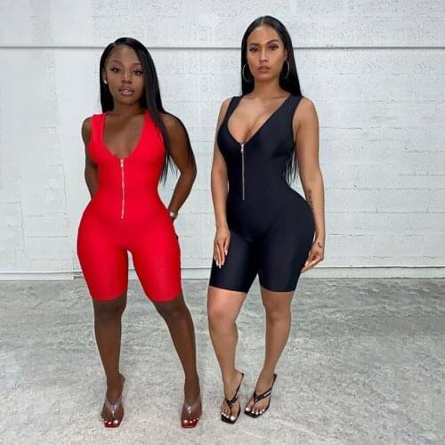 V Neck Zipper Bodycon Rompers Womens Jumpsuit Sleeveless 2020 Summer Sporty Workout Biker Shorts Playsuits Skinny Solid