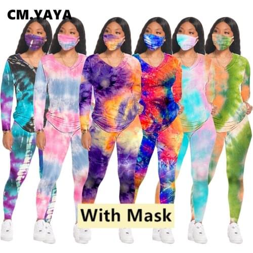 CM.YAYA Sport Sweatsuit Tie Dye Galaxy Print Womens Set V-neck Tops Legging Pants Set Active Tracksuit Two Piece Fitness Outfit