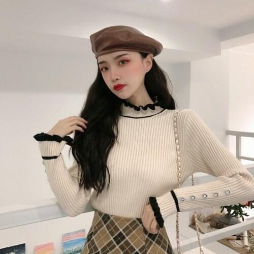 Woman Sweaters Pullover FallWinter Slim White Sweater With Inner Air Sexy Wooden Ear Turtleneck Top For Women Femme Chandails